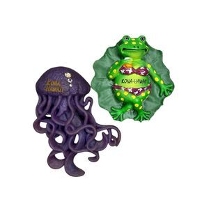Vintage Kona Hawaii 3D Refrigerator Magnets Frog on Lilly Pad & Purple Squid